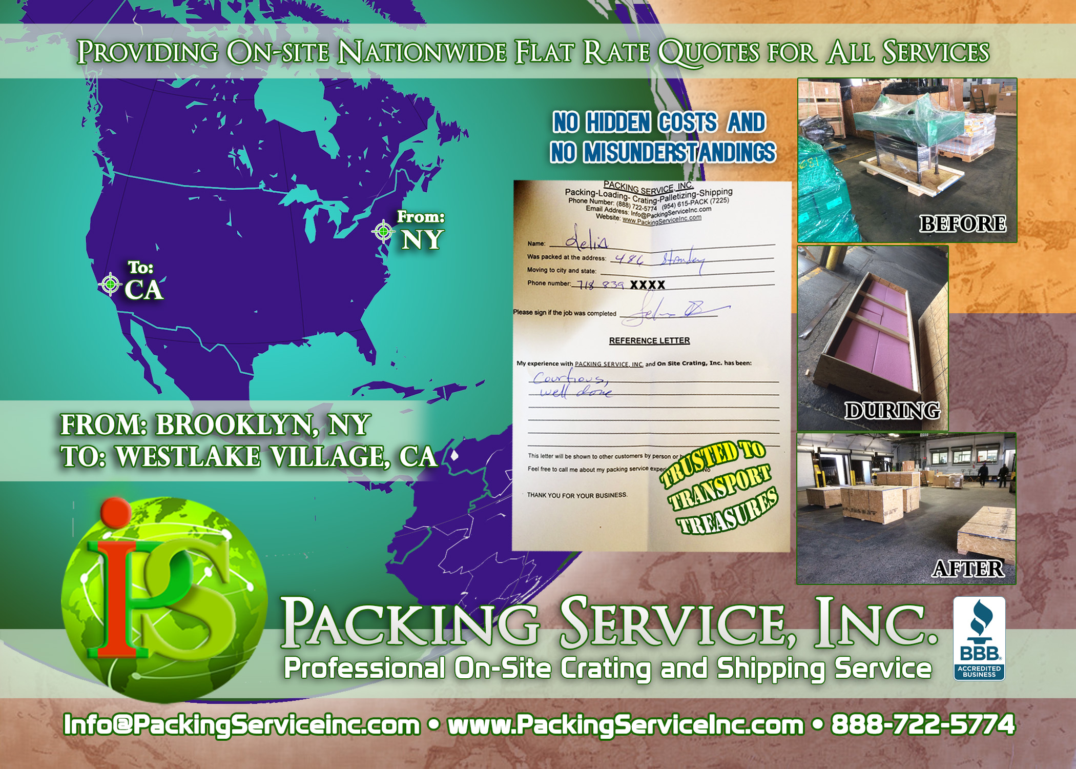 Domestic Custom wooden crates and shipping services NY-CA with Packing Service, Inc. E