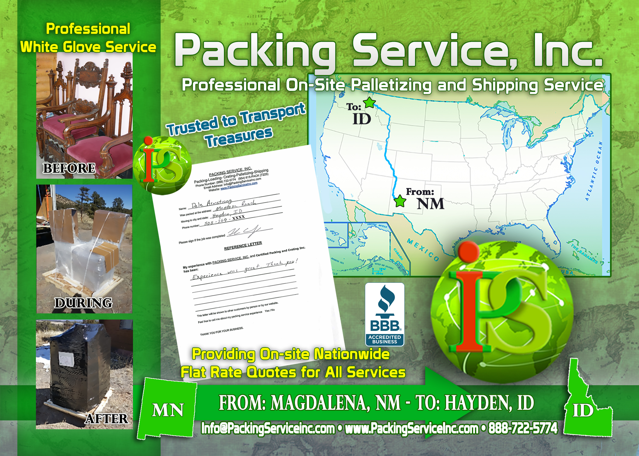 Wrapping 2 chairs, palletizing and Shipping Services NM-ID with Packing Service, Inc. - 731