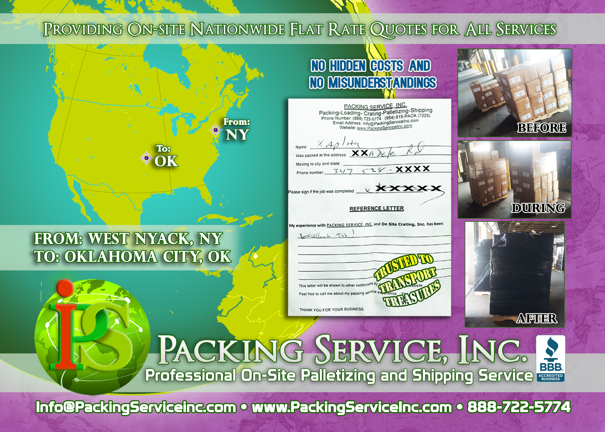 Palletizing boxes and shipping services NY-OK with Packing Service, Inc E