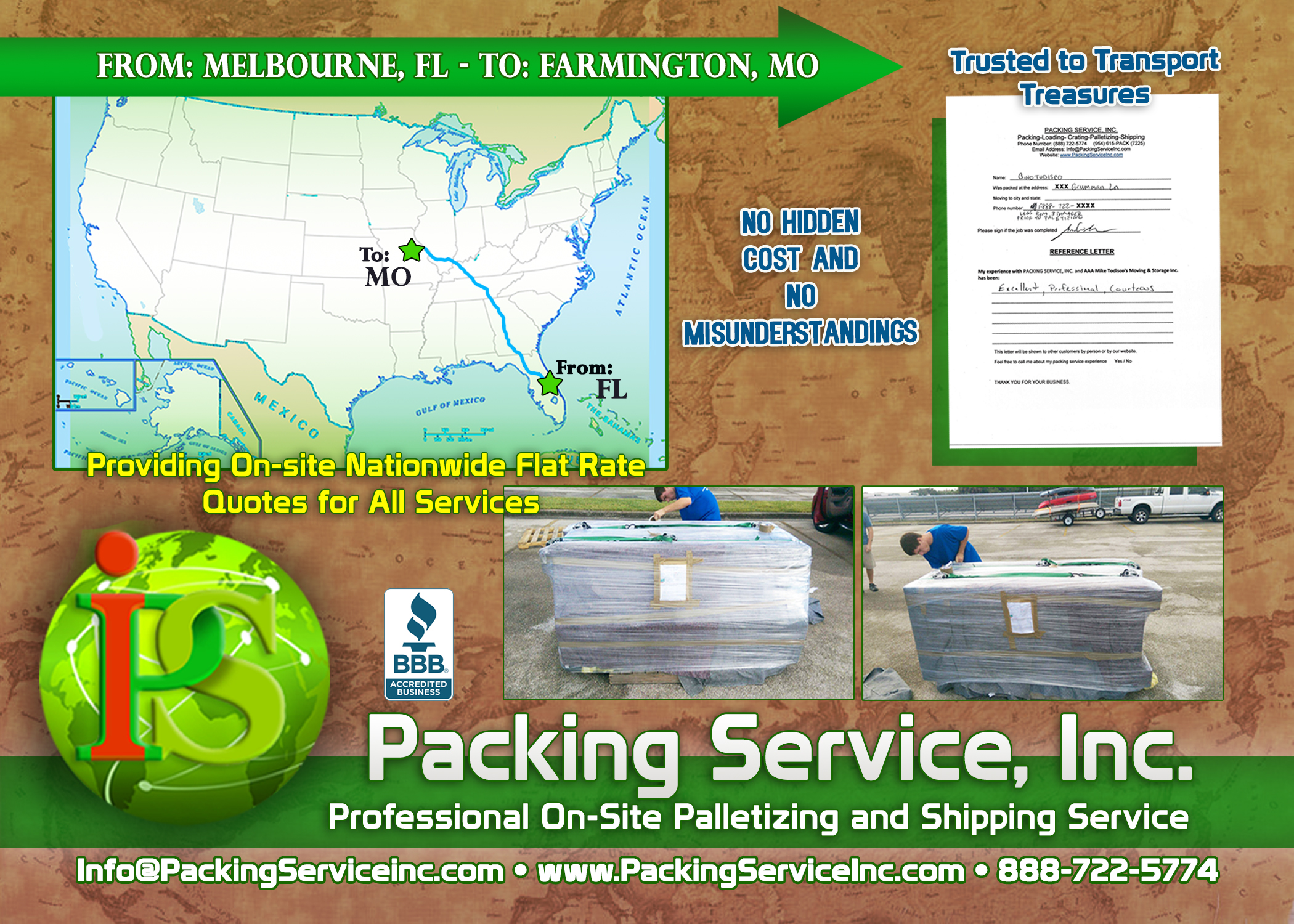 Wrapping 1 desk, Palletizing and shipping services from Florida to Missouri with Packing Service, Inc. - 973