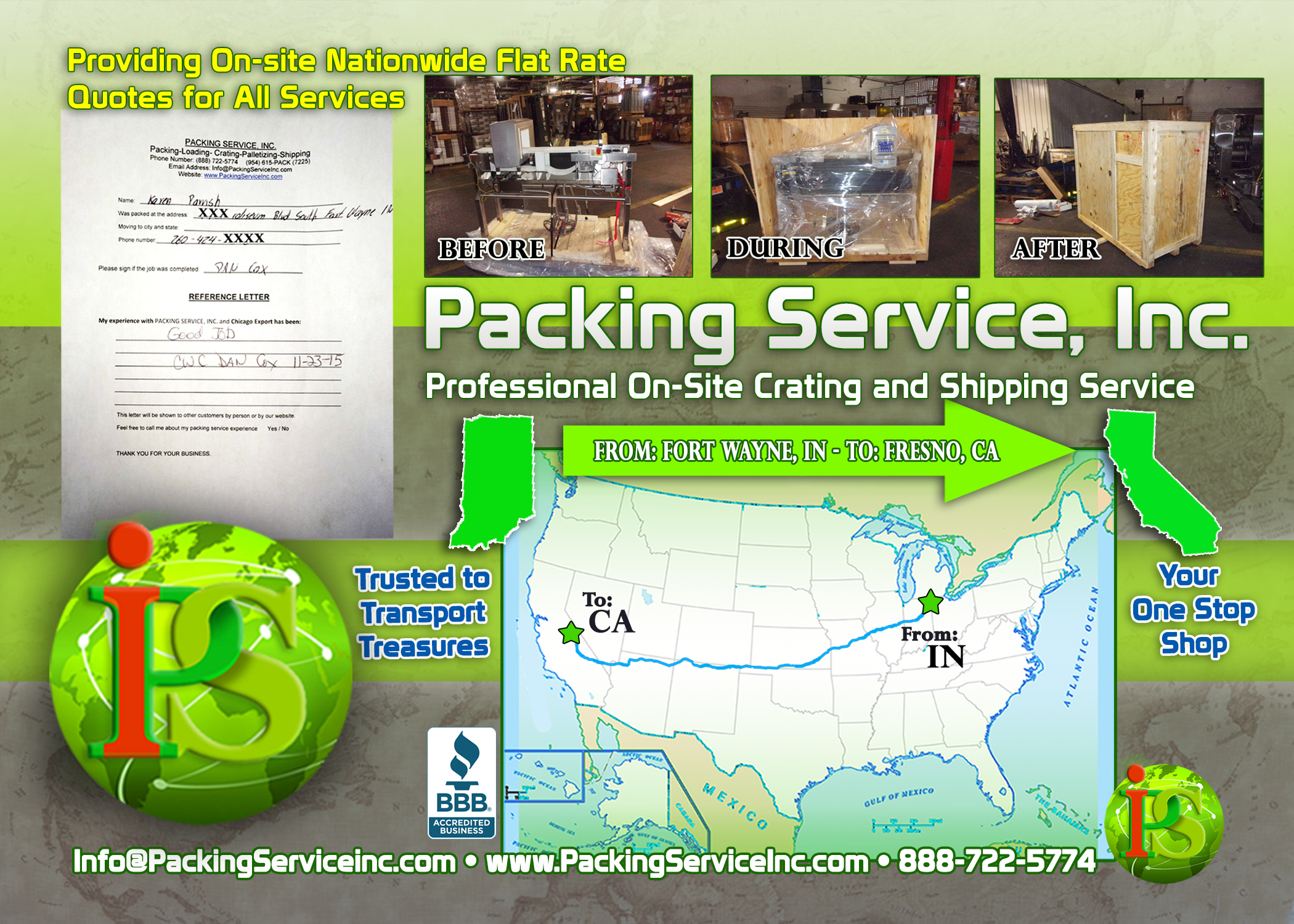 Wrapping, Crating Machinery and Shipping Services IN-CA with Packing Service, Inc. - 722