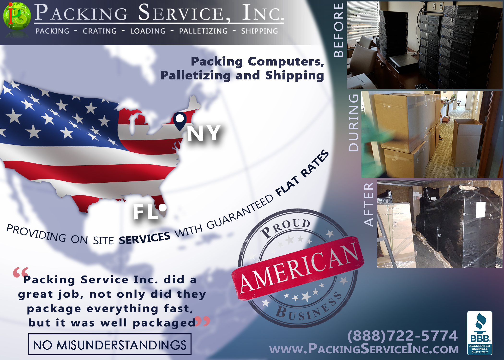 Packing boxes with computers, palletizing and shipping from Florida to New York with Packing Service, Inc. - 182