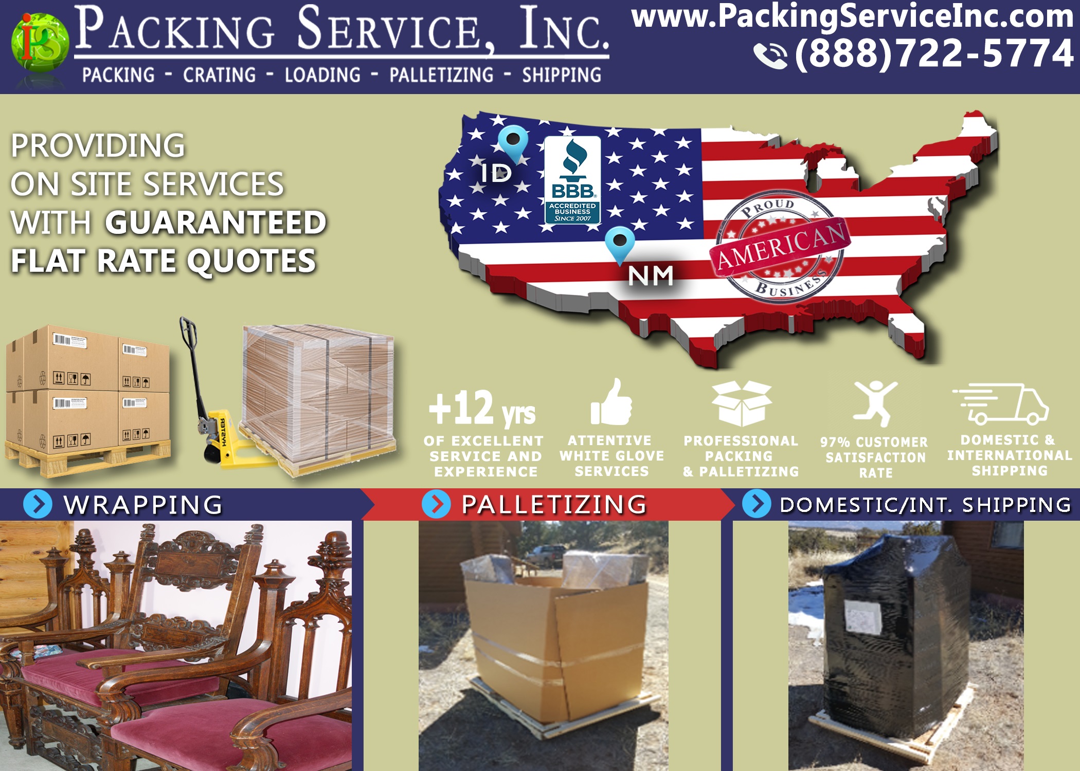 Packing Service, Inc. provides Packing, Wrapping, Loading, Crating, Palletizing, and Shipping services