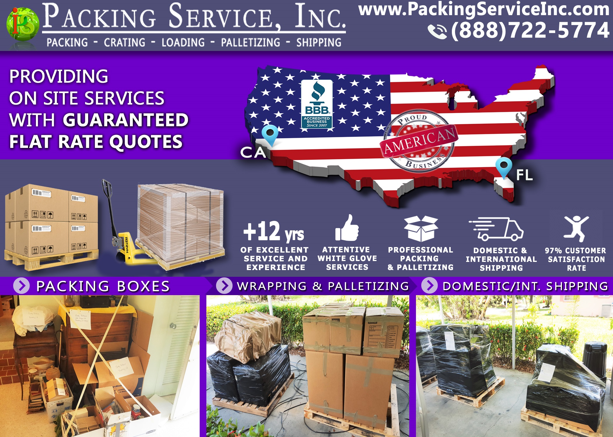 Packing Boxes, Palletizing and Shipping from Florida to California with Packing Service, Inc. - 224