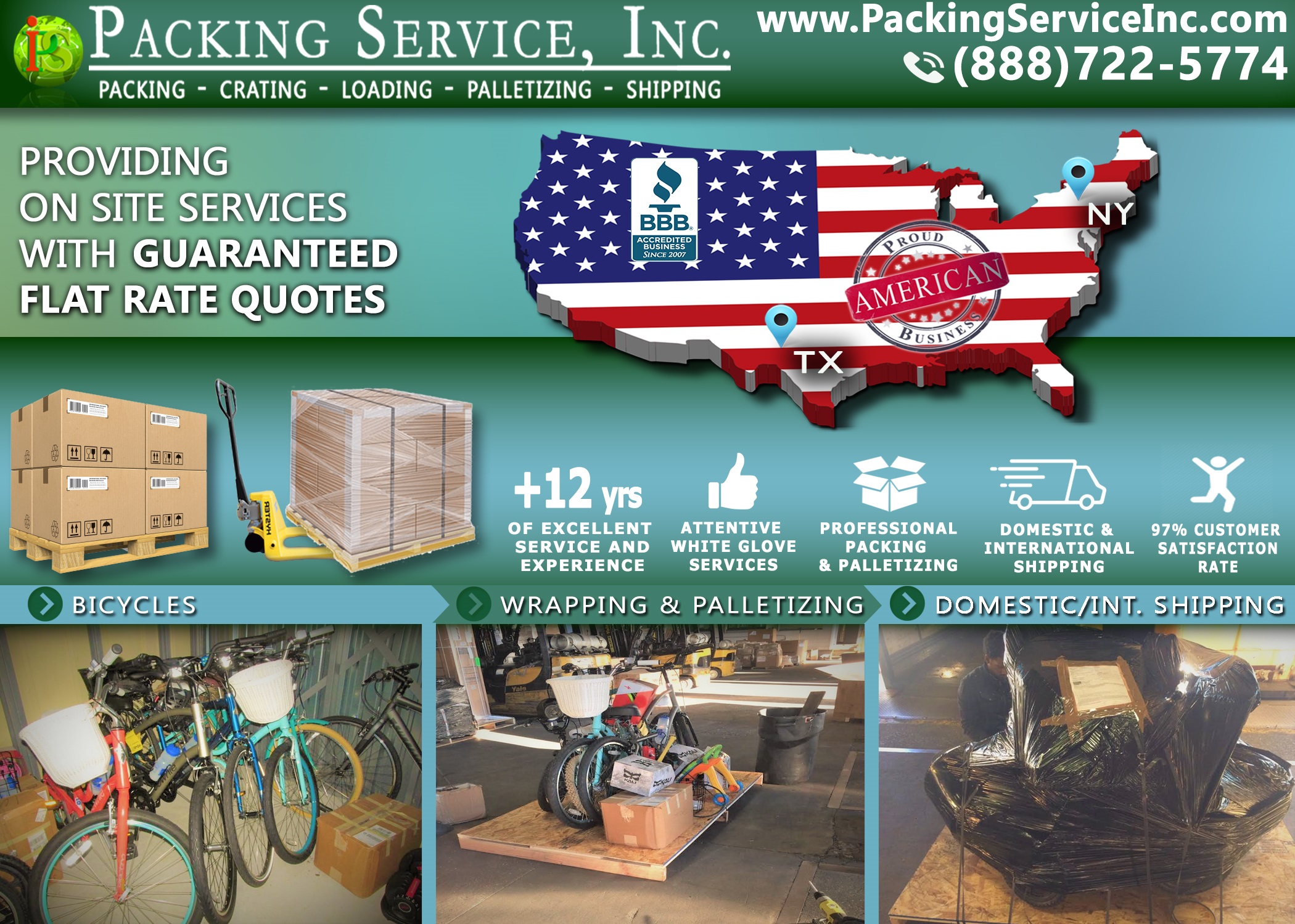 Wrapping bikes, custom palletizing and shipping services from NY to TX with Packing Service, Inc. 787