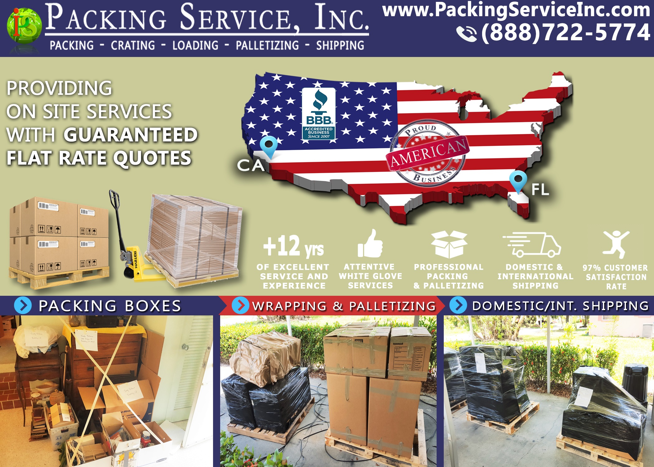 Packing Boxes, Palletizing and Shipping from Florida to California with Packing Service, Inc. - 221