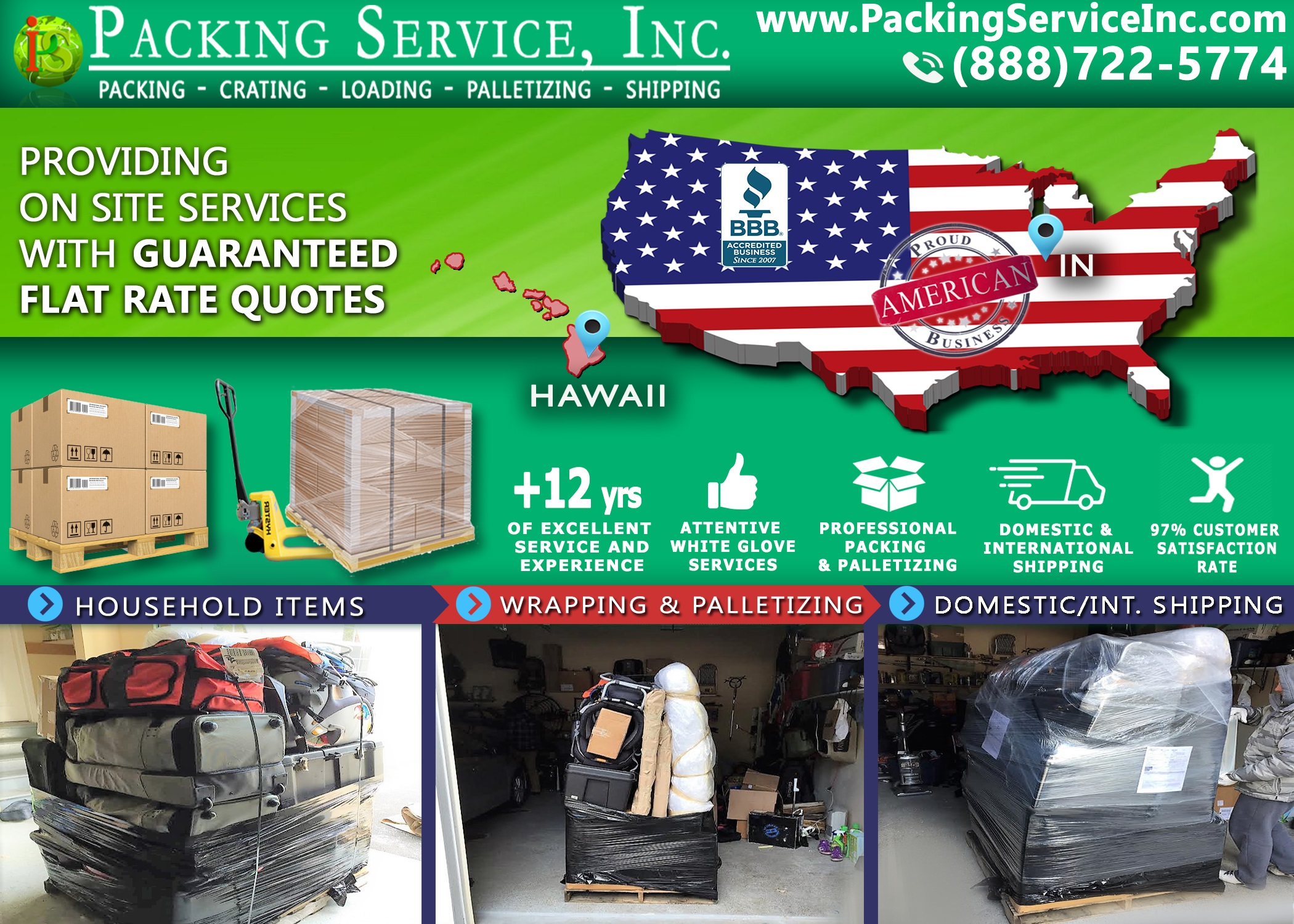 Palletize suitcases and boxes and Ship from Indiana to Hawaii with Packing Service, Inc. - 834